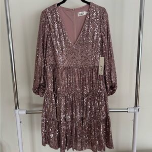Eliza J Dusty Rose Sequin Long Sleeve Tiered Dress